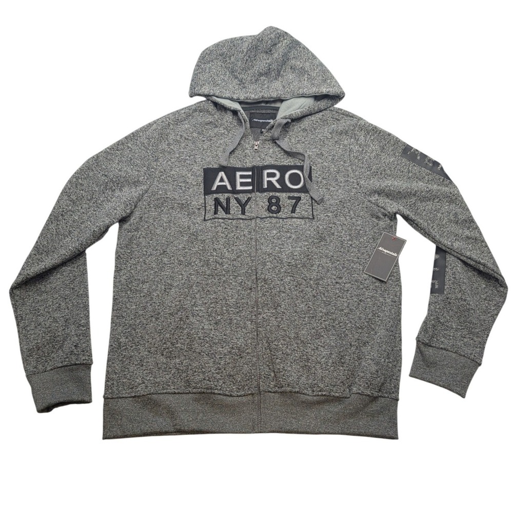 NWT Aeropostale Full Zip Hoodie Mens XL Grey‎ Marled NY 87 Fleece Applique